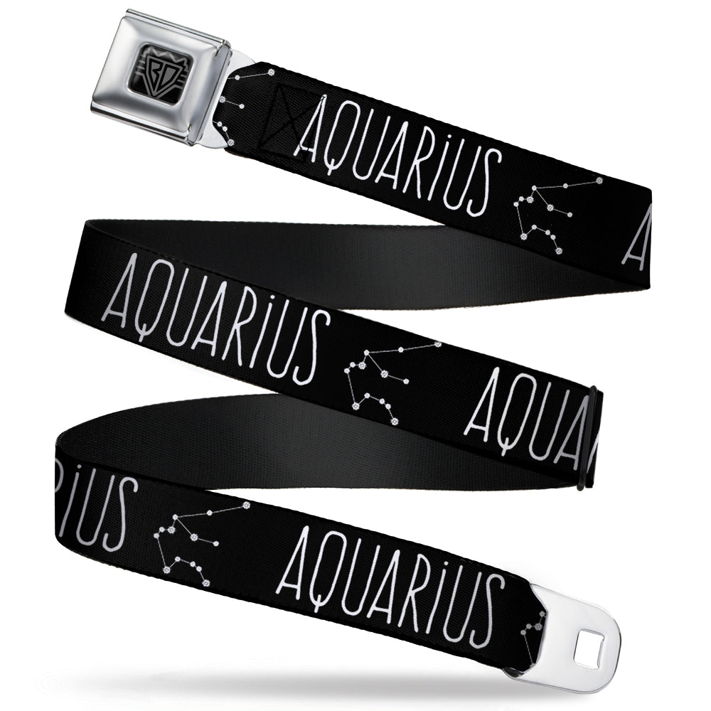 BD Wings Logo CLOSE-UP Full Color Black Silver Seatbelt Belt - Zodiac AQUARIUS/Constellation Black/White Webbing
