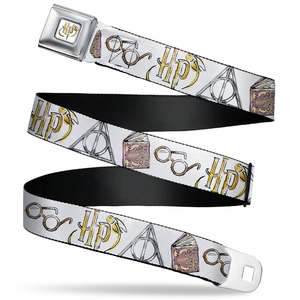 Harry Potter HP Logo Watercolor Full Color White/Yellows Seatbelt Belt - Harry Potter 4-Icons Watercolor White/Multi Color Webbing