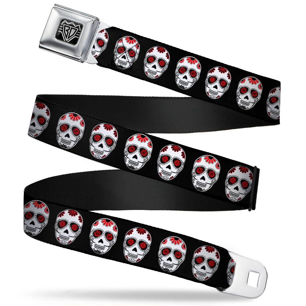 BD Wings Logo CLOSE-UP Full Color Black Silver Seatbelt Belt - Sugar Skulls Black/White/Red Webbing