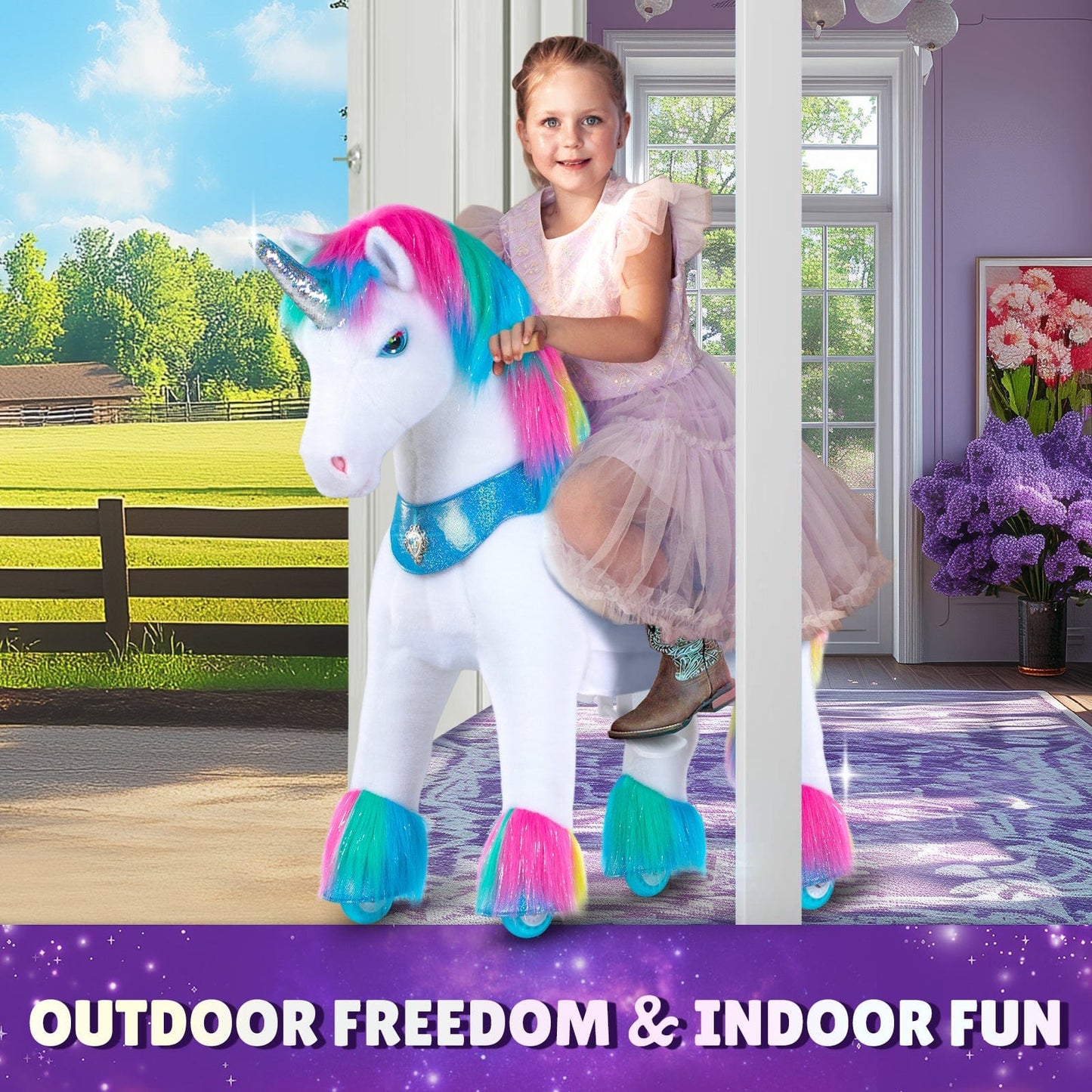 Model Y Rainbow Unicorn Rideable Toy for Age 3-4