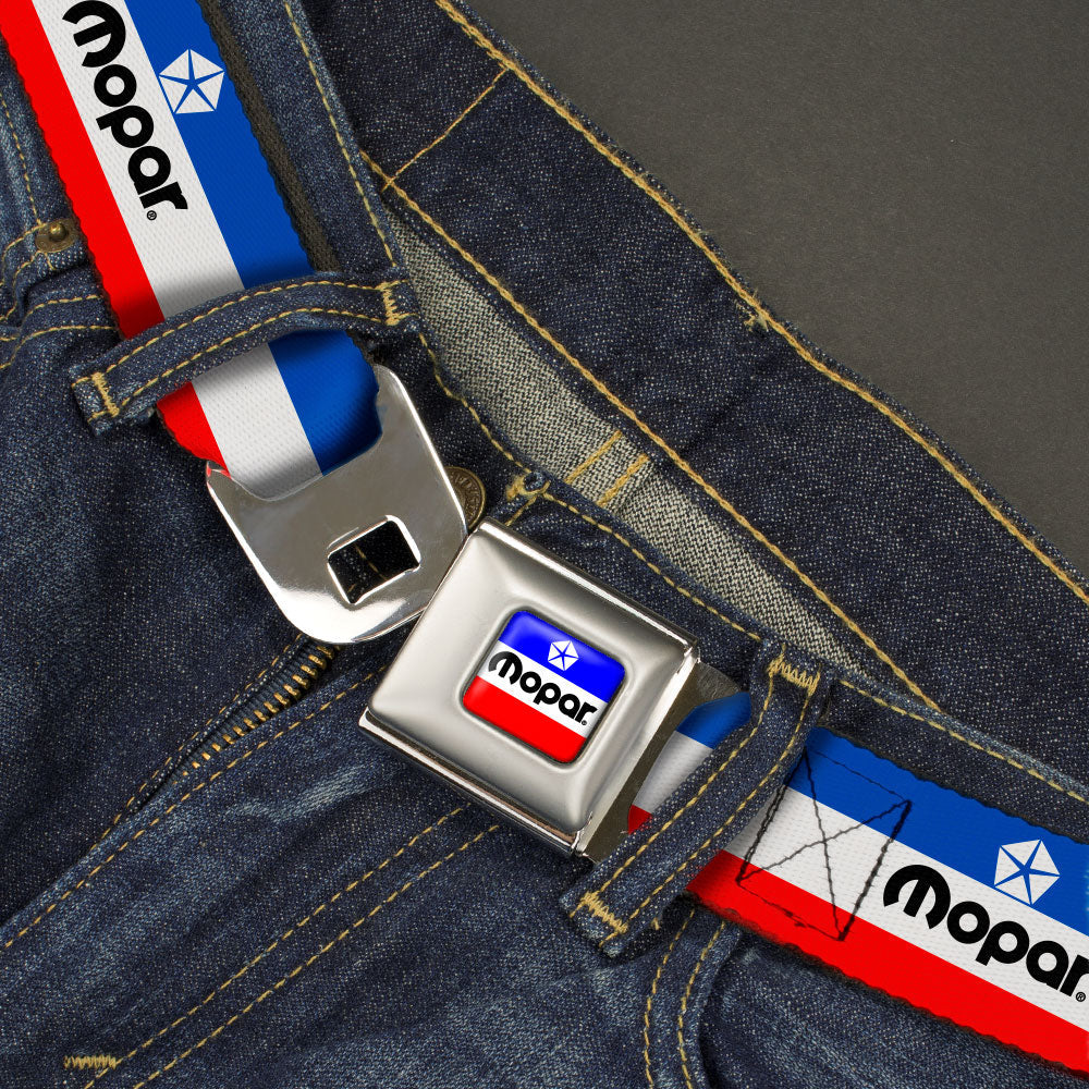 MOPAR Chrysler Logo Full Color White/Blue/Red/Black Seatbelt Belt - MOPAR Logo/Stripe Blue/White/Red Webbing