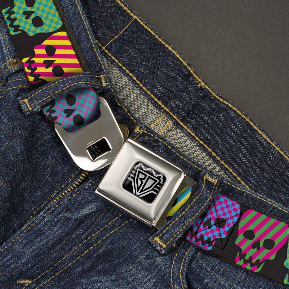 BD Wings Logo CLOSE-UP Full Color Black Silver Seatbelt Belt - Checker & Stripe Skulls Black/Multi Neon Webbing