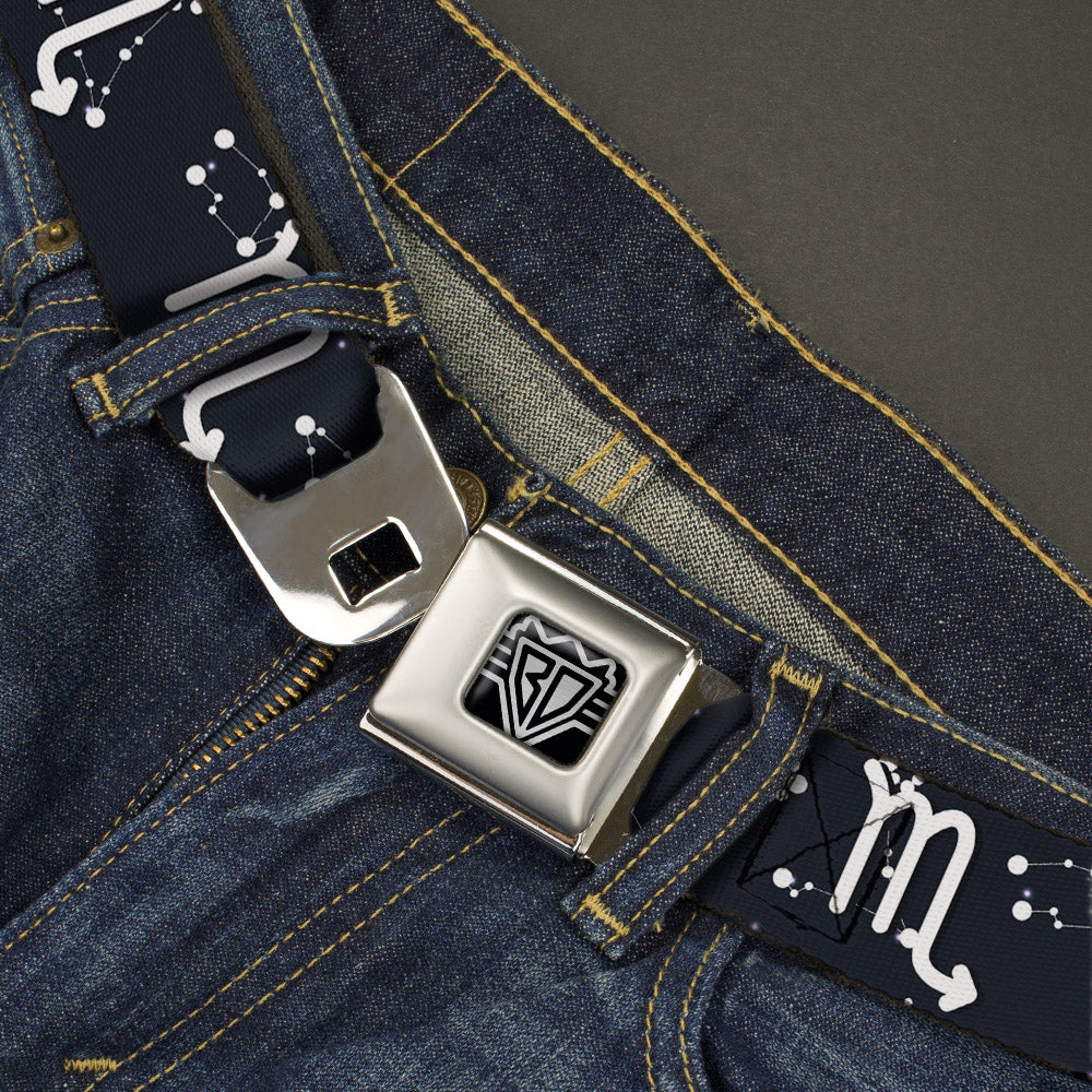 BD Wings Logo CLOSE-UP Full Color Black Silver Seatbelt Belt - Zodiac Scorpio Symbol/Constellations Black/White Webbing