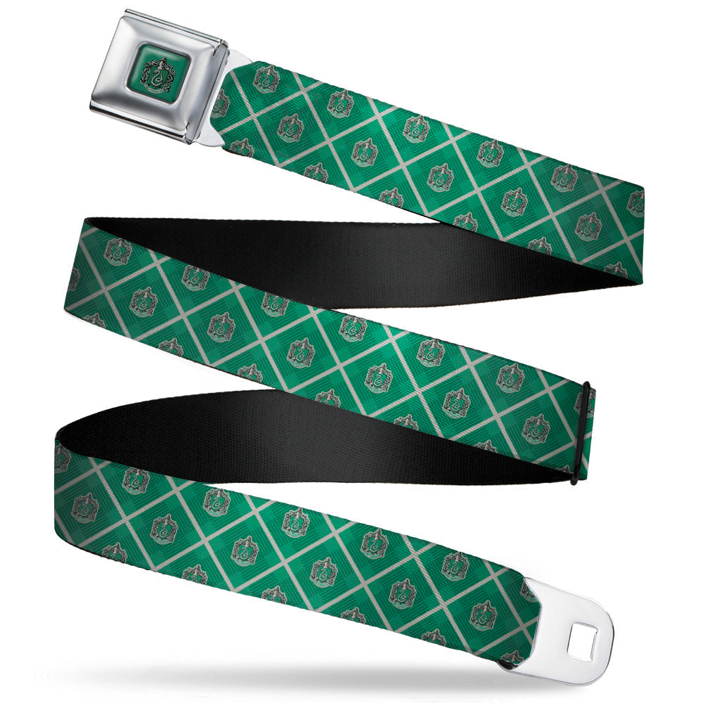 SLYTHERIN Crest Full Color Green Seatbelt Belt - Harry Potter Slytherin Crest Plaid Greens/Gray Webbing