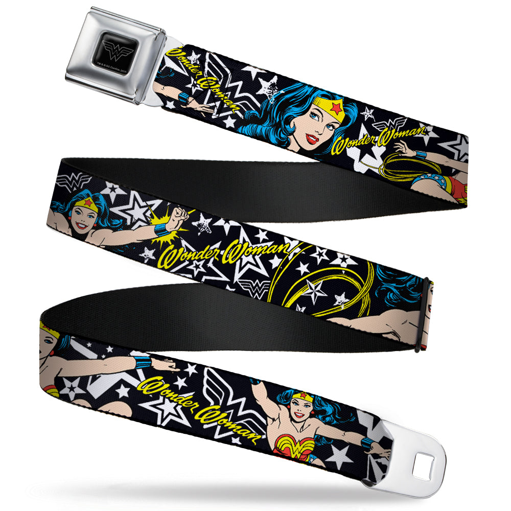 Wonder Woman Black Silver Seatbelt Belt - Wonder Woman/Stars Black/White Webbing