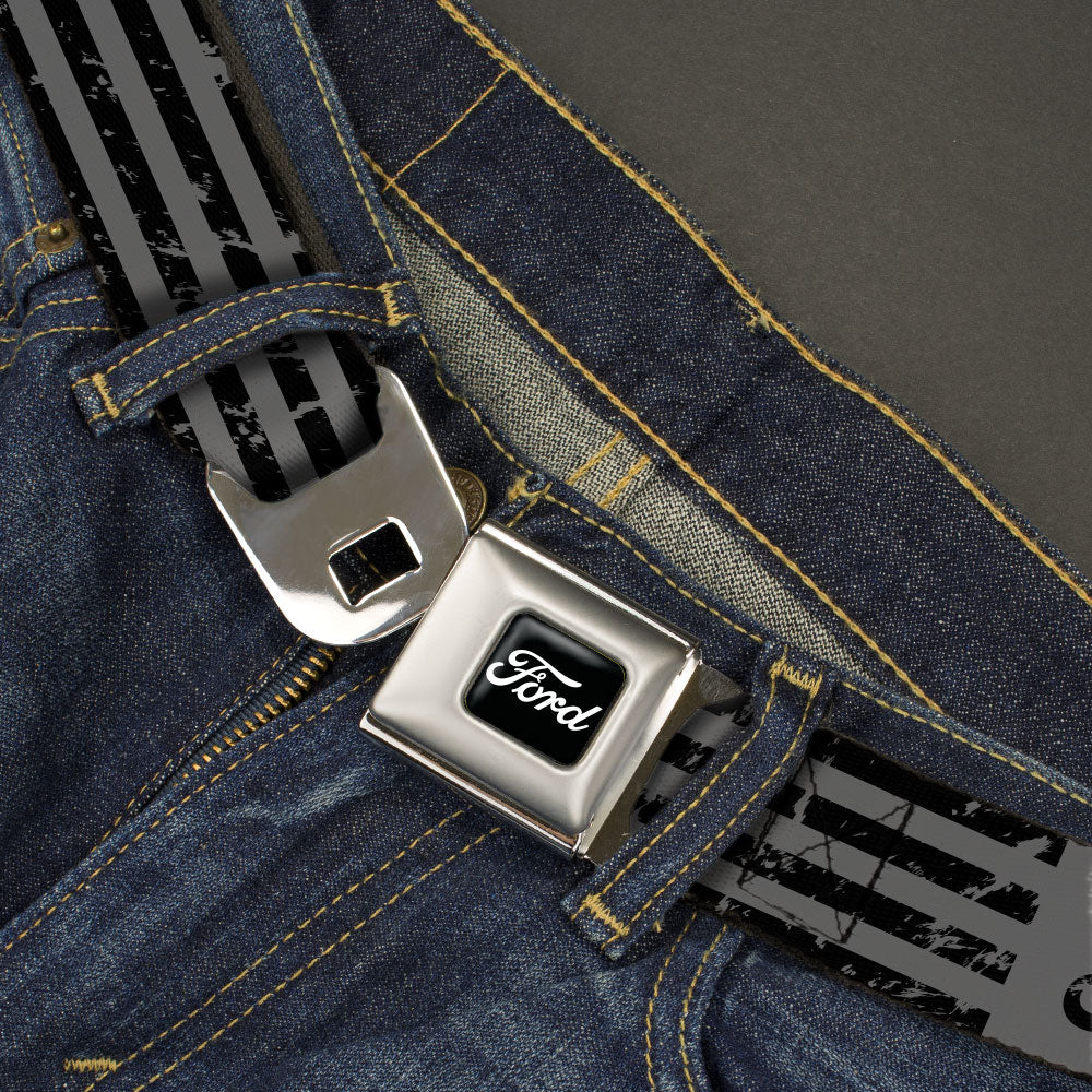 FORD Script Full Color Black/White Seatbelt Belt - FORD Script Stripe Blocks Weathered Gray/Black Webbing