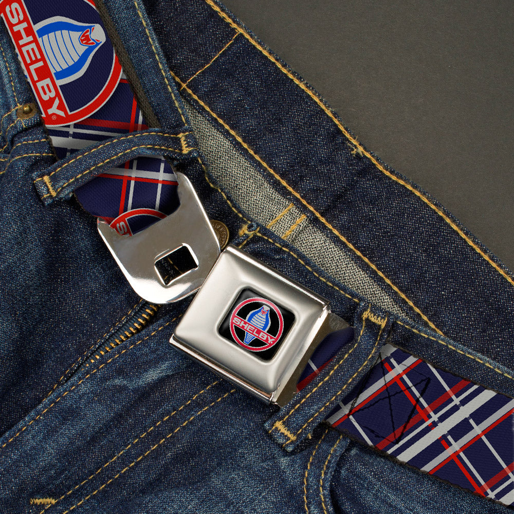 SHELBY Cobra Full Color Black Gray Red Blue Seatbelt Belt - SHELBY Cobra/Plaid X Navy/Gray/Red Webbing