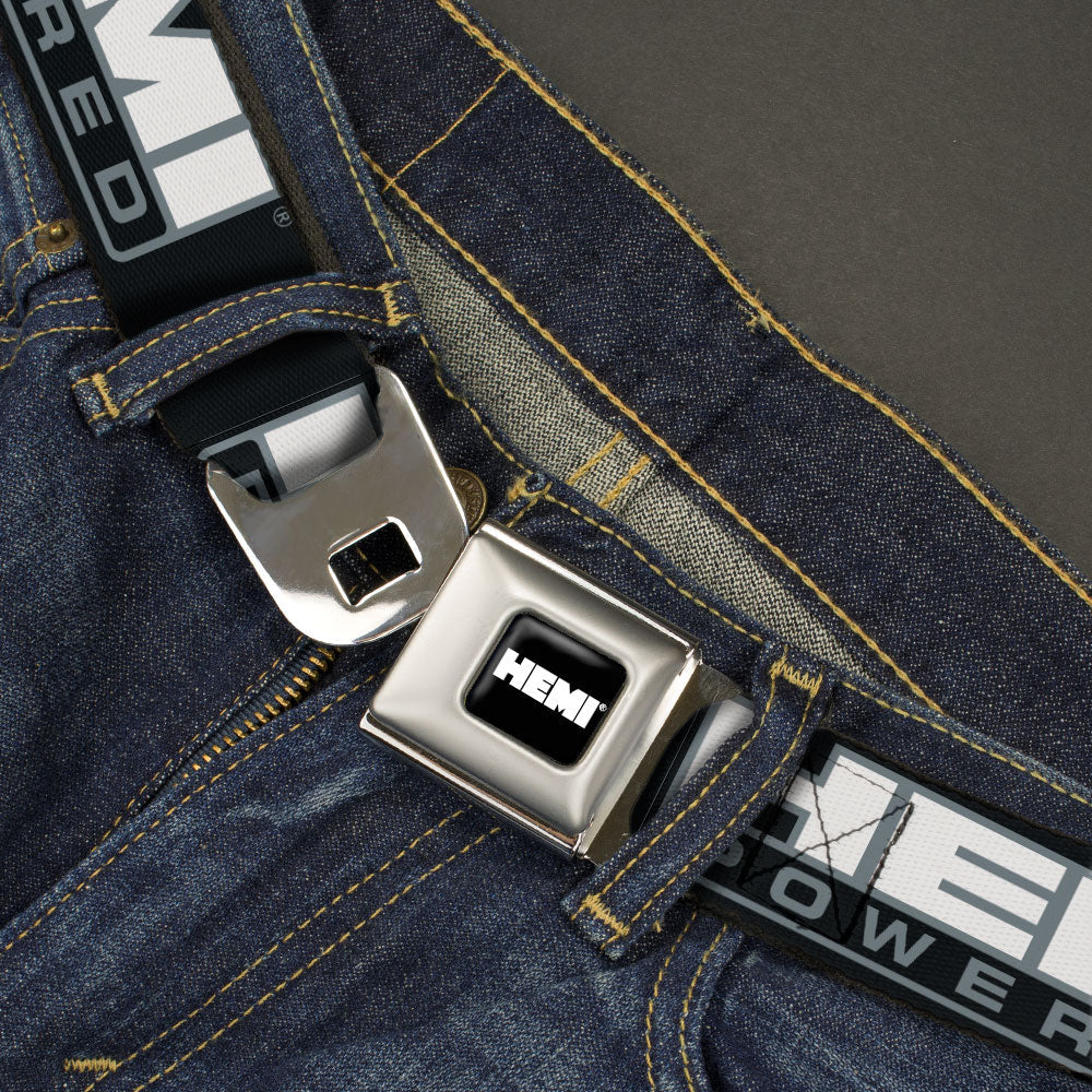 HEMI Bold Full Color Black/White Seatbelt Belt - HEMI POWERED Logo Black/Gray/White Webbing