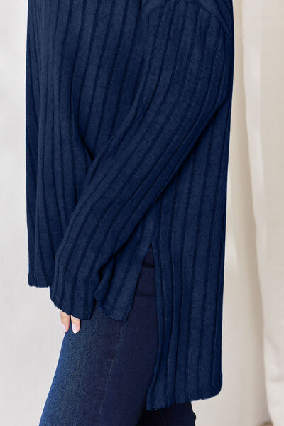 Basic Bae Ribbed Half Button Long Sleeve High-Low T-Shirt