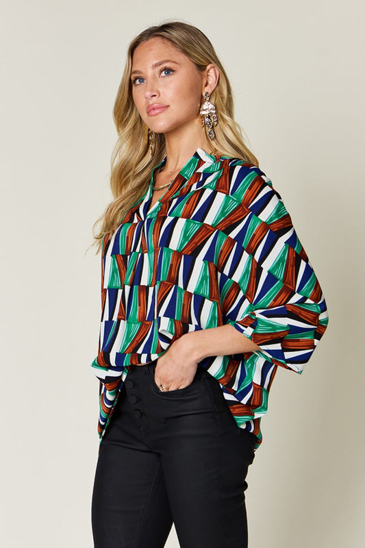 Double Take Full Size Geometric Notched Dolman Sleeve Top Plus Size