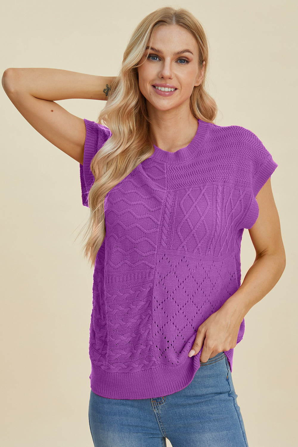 Double Take Cable-Knit Round Neck Cap Sleeve Sweater