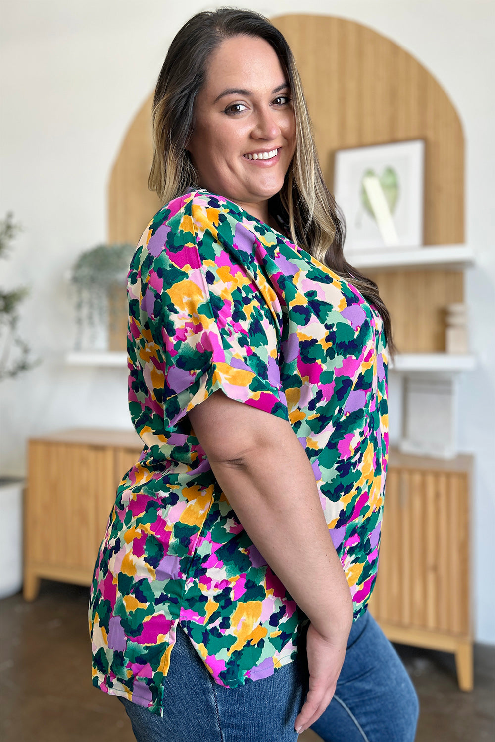 Double Take Printed V-Neck Short Sleeve Blouse