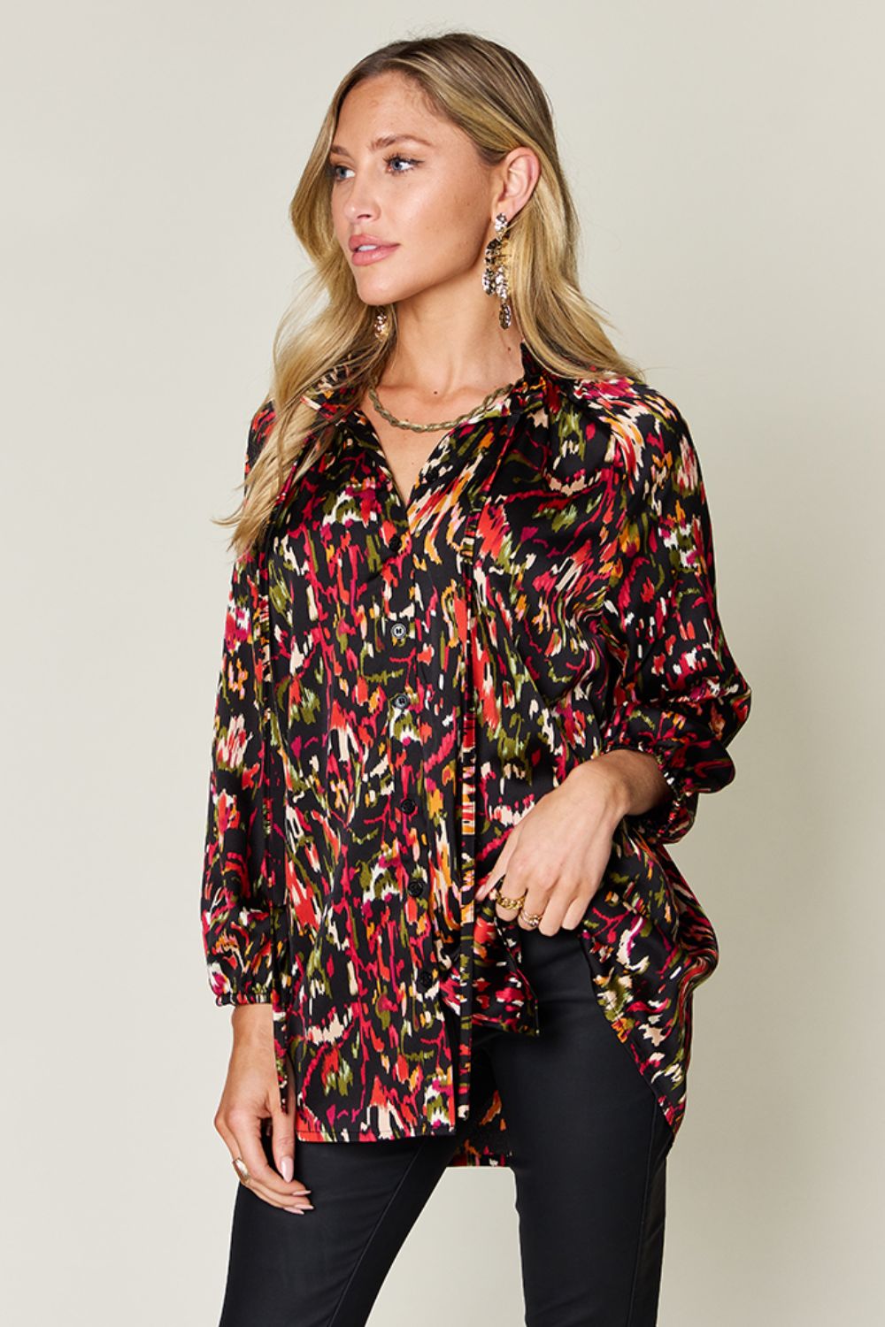 Double Take Printed Button Up Long Sleeve Shirt