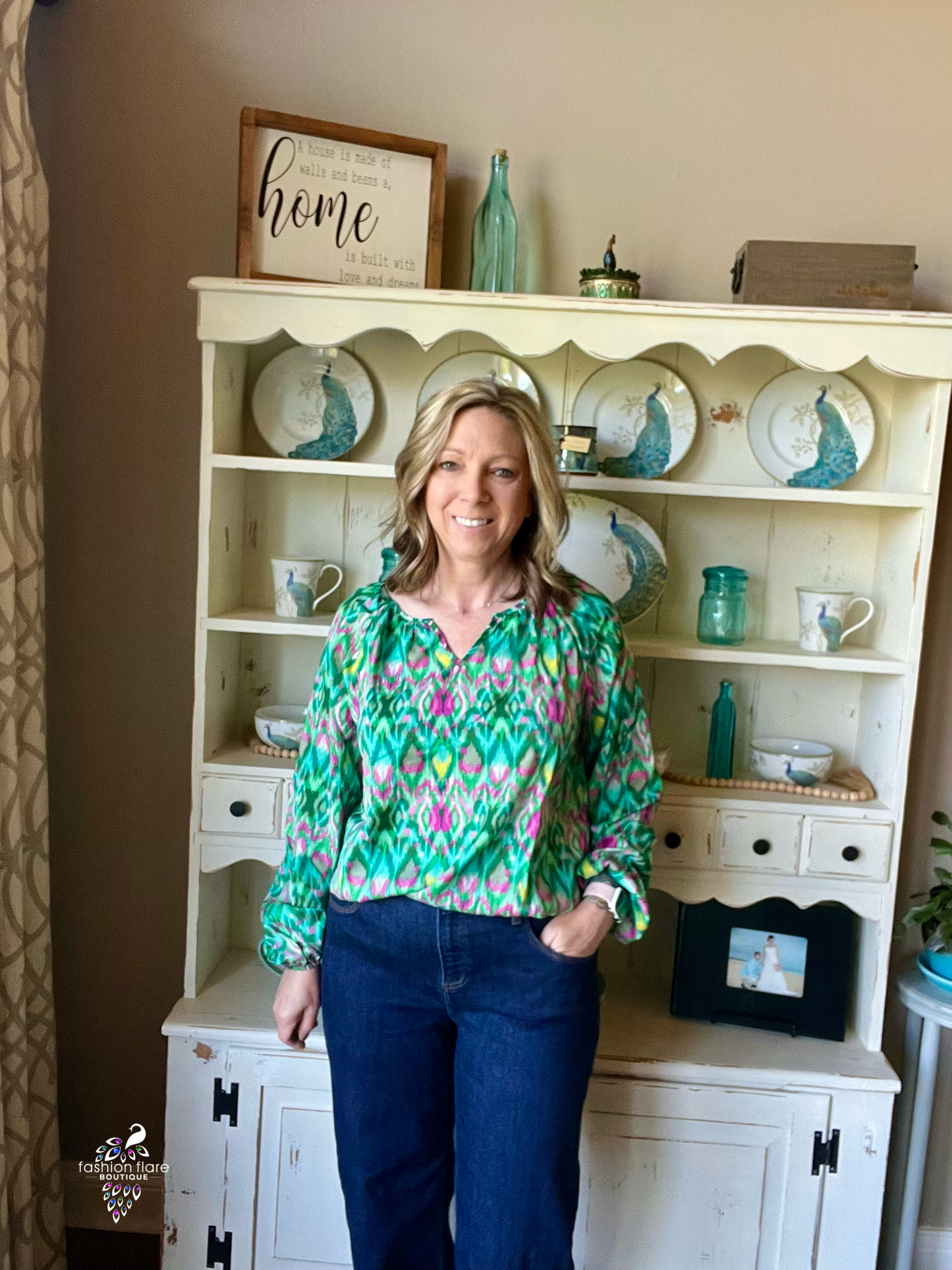 Double Take Printed Balloon Sleeve Blouse