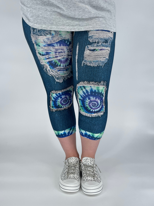 Blue Denim Purple Teal Tie Dye Capri Leggings w/ Back Pockets