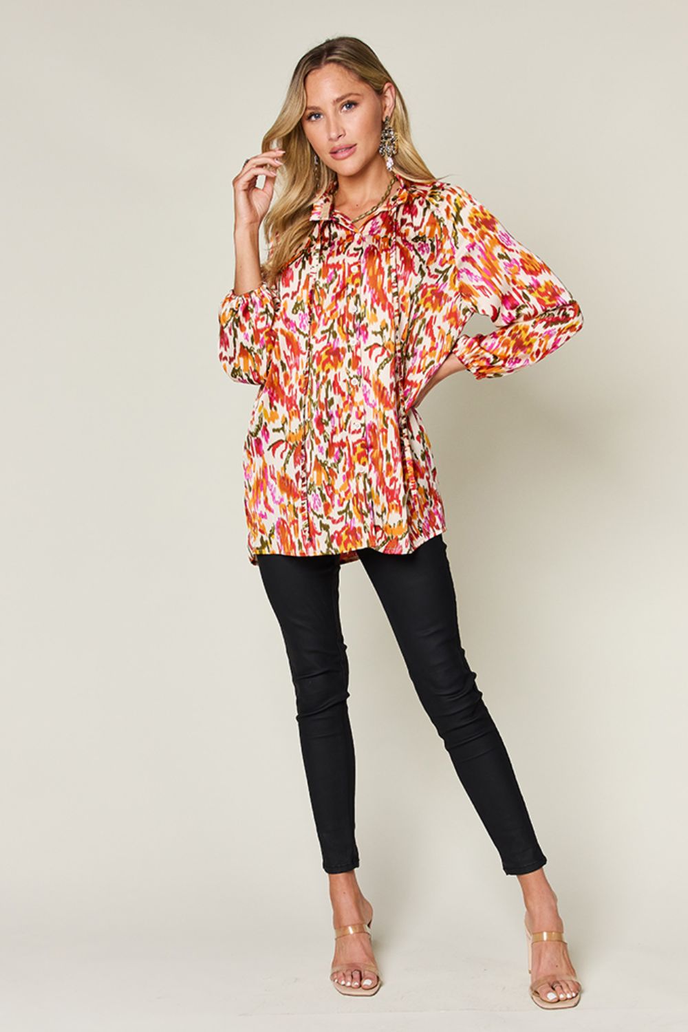 Double Take Printed Button Up Long Sleeve Shirt