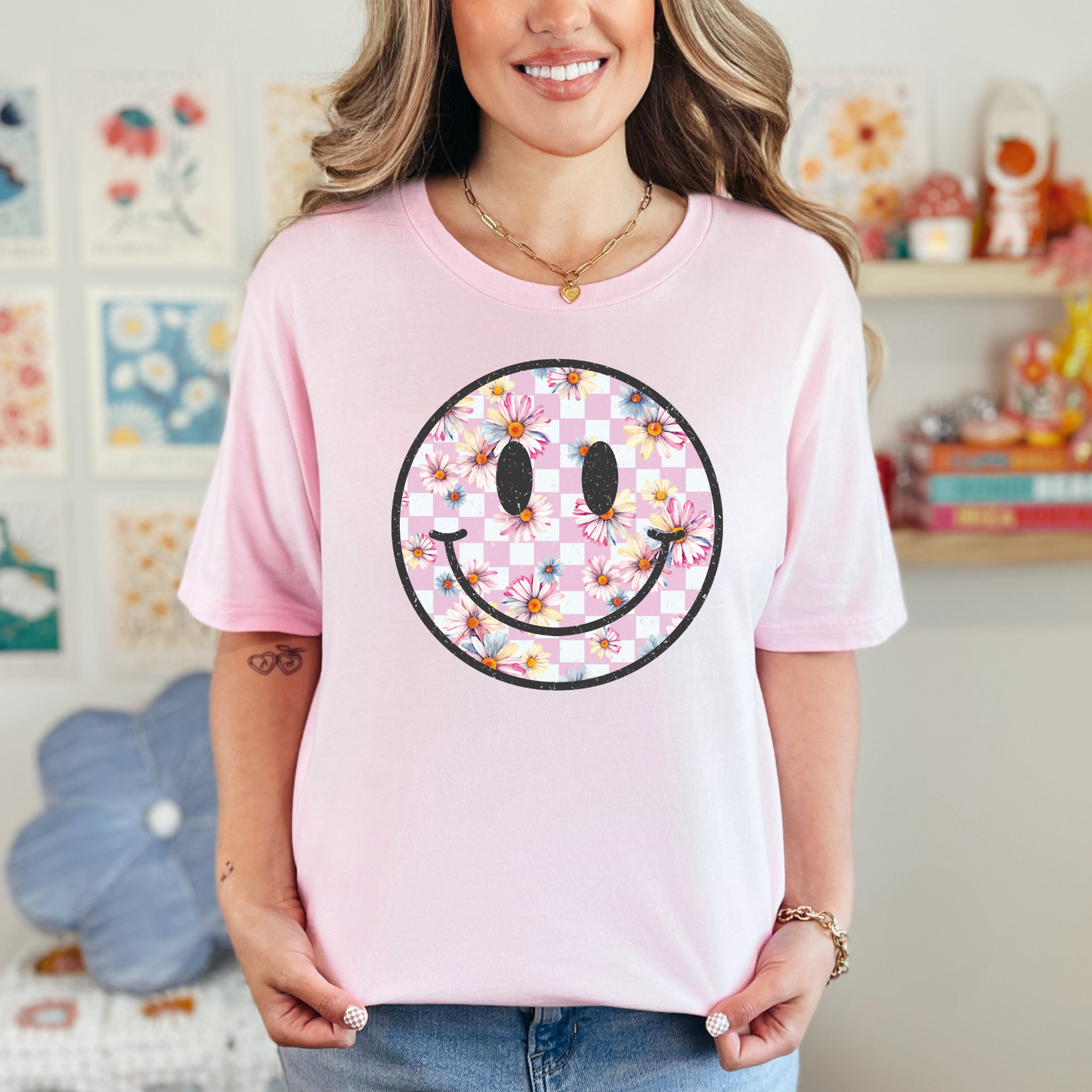 Checker Floral Happy Face Graphic Tee