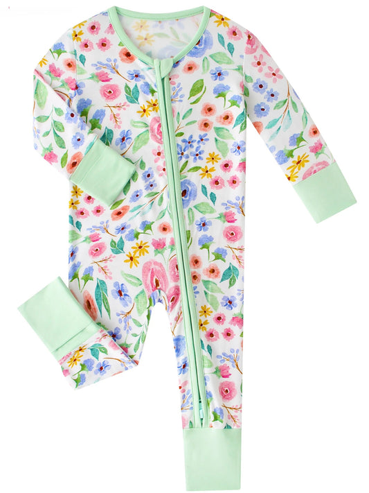 PoshTOT Ink Flower Bamboo Baby Convertible Zippy Romper