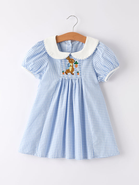Blue Rabbit Embroidery Plaid Baby Collar Dress