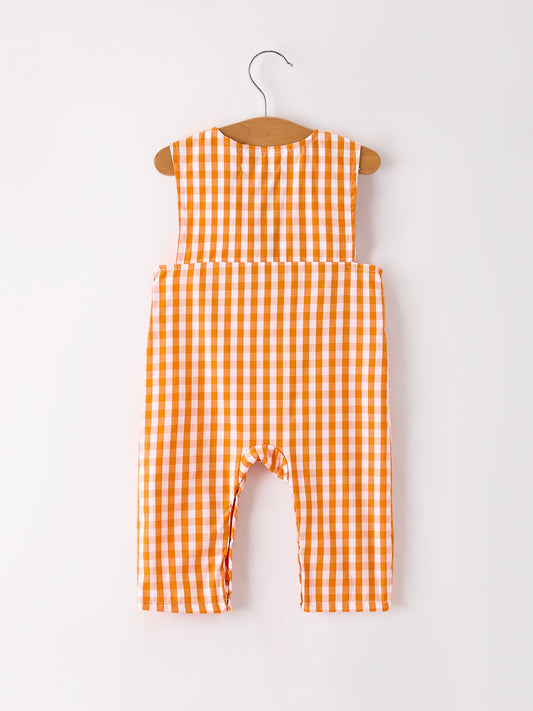 Fall Turkey Embroidered Romper for Baby Boys – Orange Checkered with Thanksgiving Details