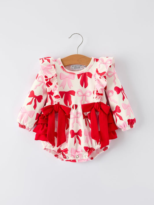 Baby Girls Valentine’s Bow Print Long Sleeve Ruffle Romper