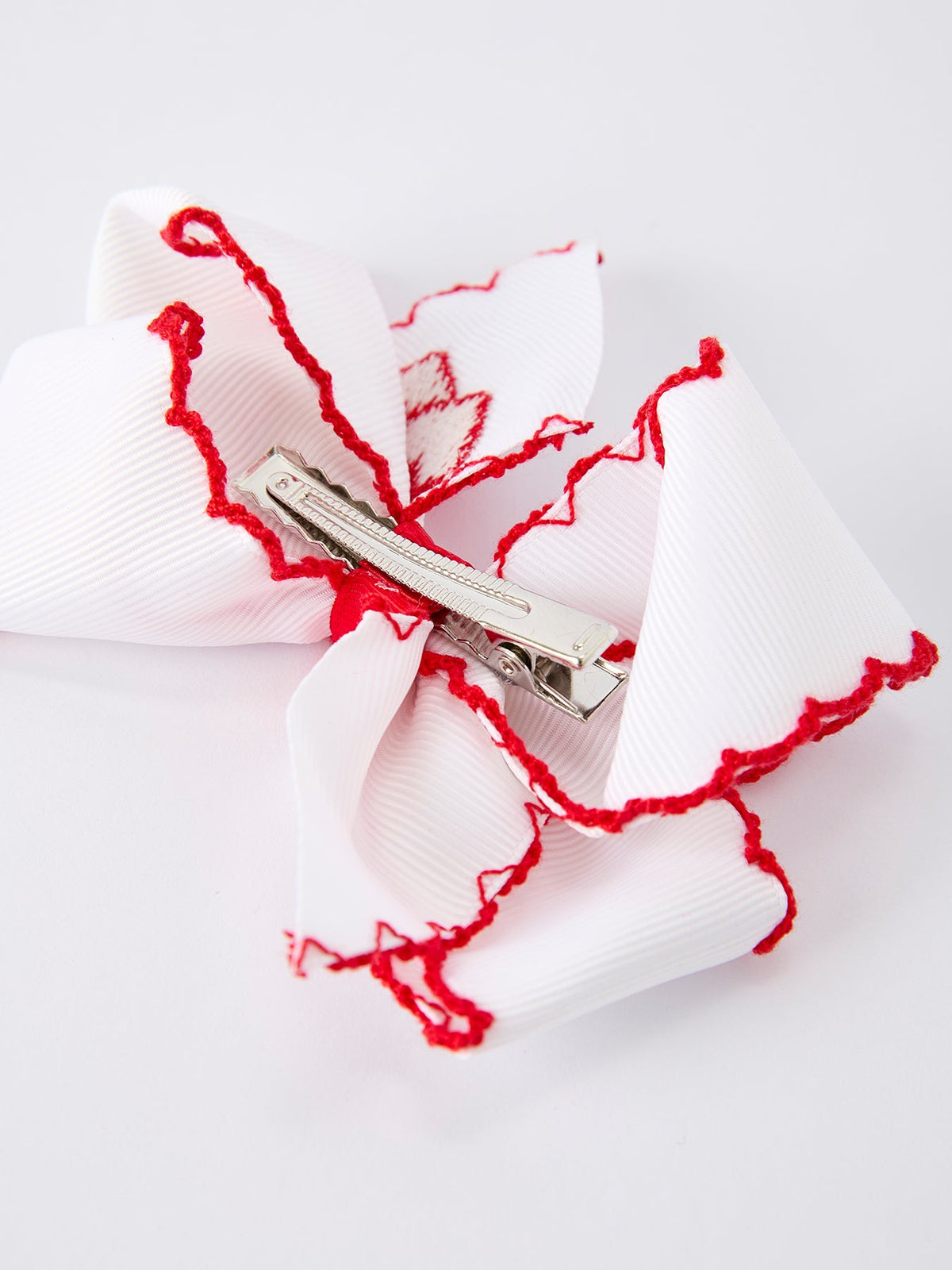 Valentine’s Hair Bow – White Ribbon with Red Heart Embroidery