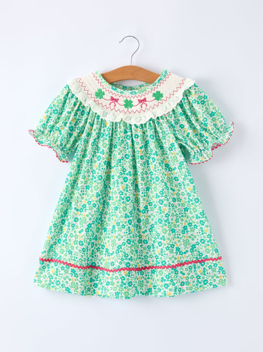Girls St. Patrick’s Day Shamrock Bow Smocked Dress
