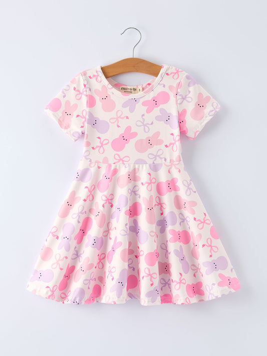 Spring Easter Bunny Bow Print Girls Short Sleeves Dress