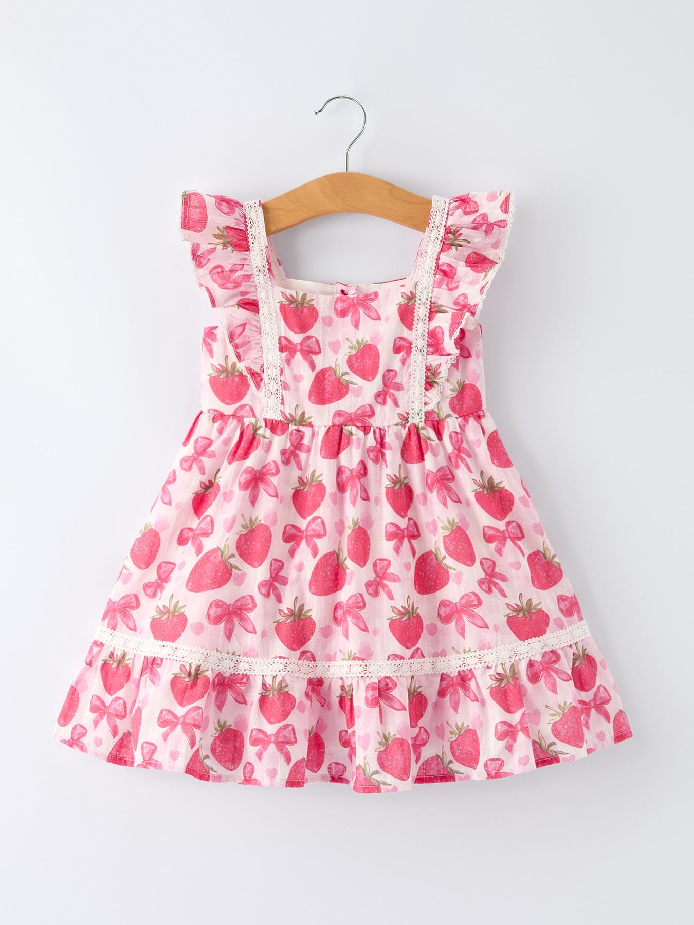 Spring Strawberry Bow Print Girls' Dress