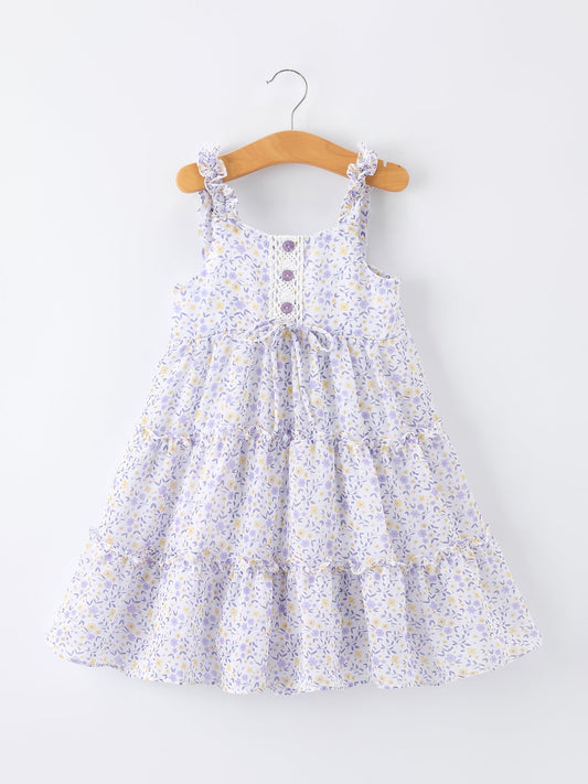 Spring Floral Girls Ruffle Bow Spaghetti Strap Dress
