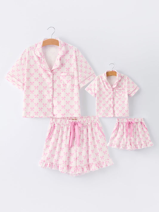 Mommy & Me Pink Bow Print Ruffle Pajama Set
