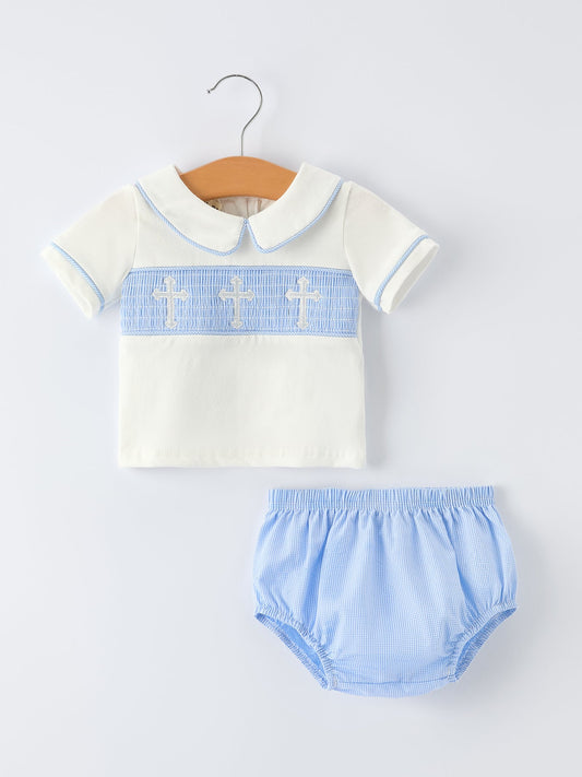 Blue Smocked Church Christ Bishop Christening Baby Boy Bloomer Set