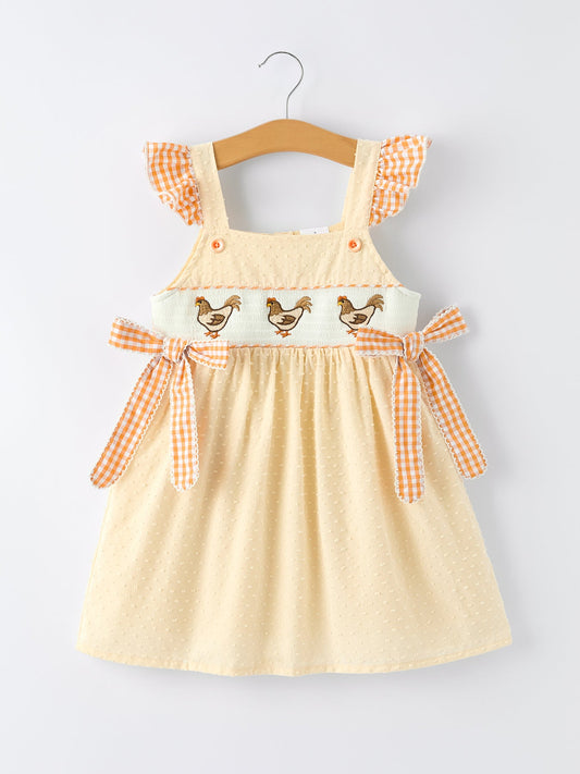 Farm Girl Chicken Smocked Bow Ruffle Dress