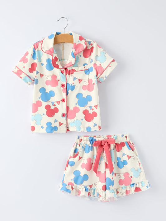 4th Of July Red Blue Print Girls Pajamas Set