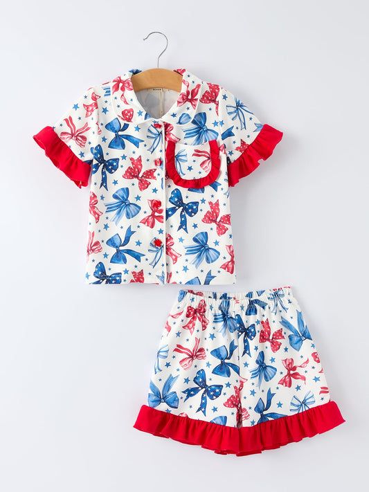 4th Of July Bow Star Girls Pajamas Set