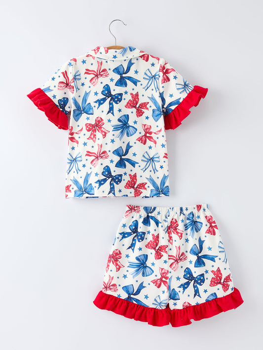 4th Of July Bow Star Girls Pajamas Set