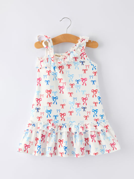 4th of july Bow Print Girls Dress One Shoulder Ruffle