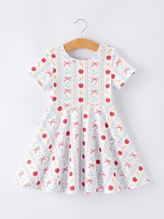 Back to School Apple Bow Stripe Girls Dress