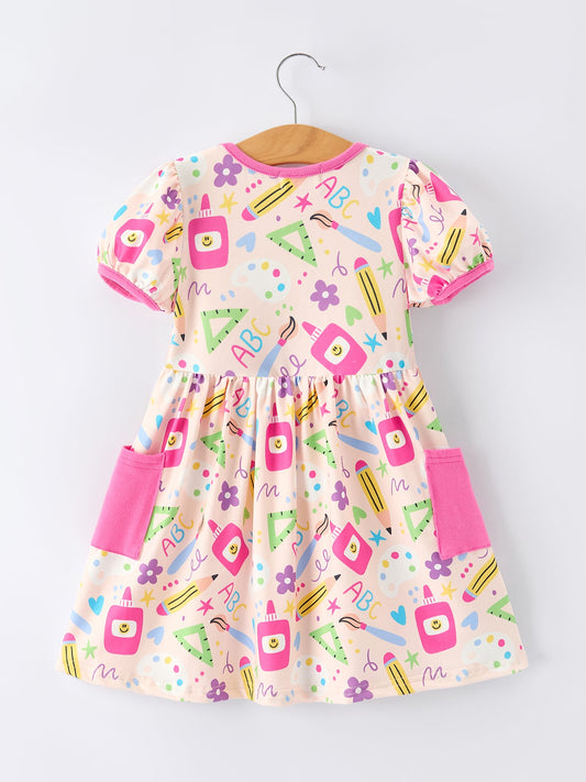 Back to School Print Girls Dress Short Sleeve Pocket