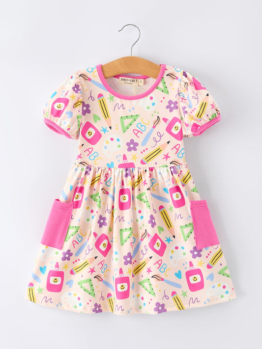 Back to School Print Girls Dress Short Sleeve Pocket
