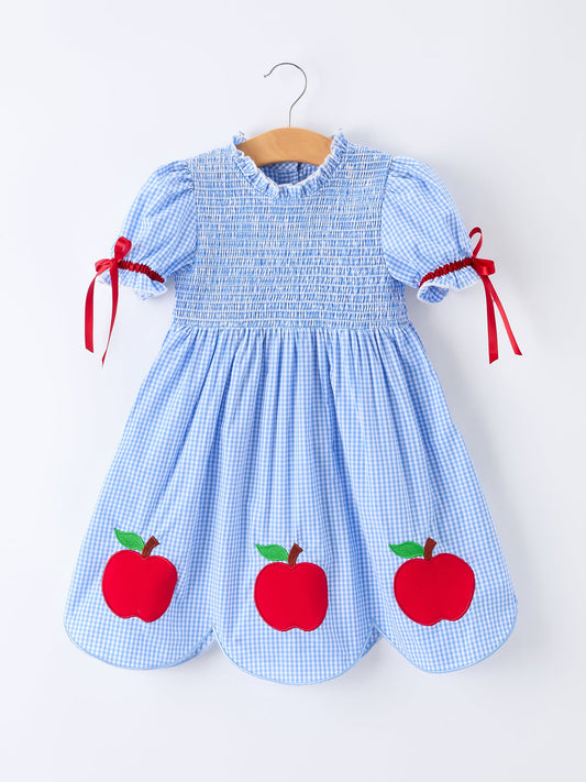 Back To School Apple Applique Plaid Girls Dress Smocked