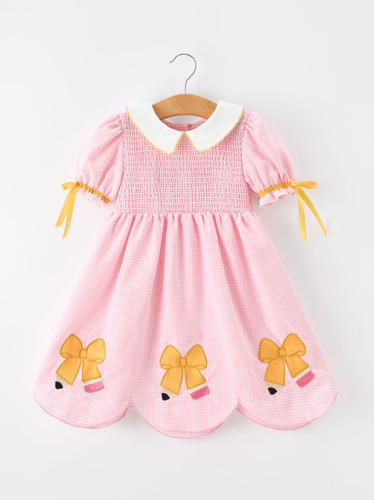 Girls Back To School Pencil Twirl Dress Bow Applique Smocked