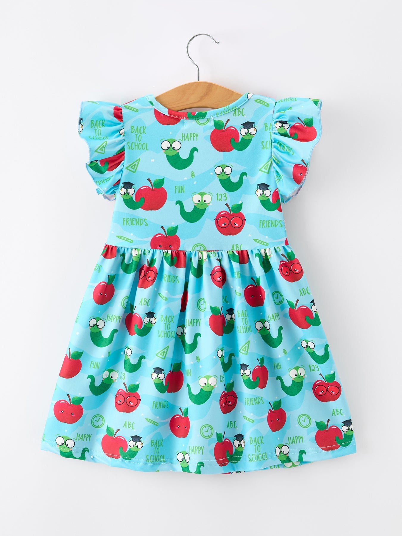 Girls Back To School Apple Worm Twirl Dress Ruffle Color Block