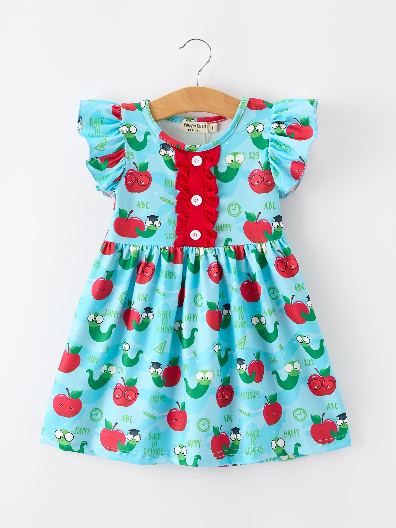 Girls Back To School Apple Worm Twirl Dress Ruffle Color Block