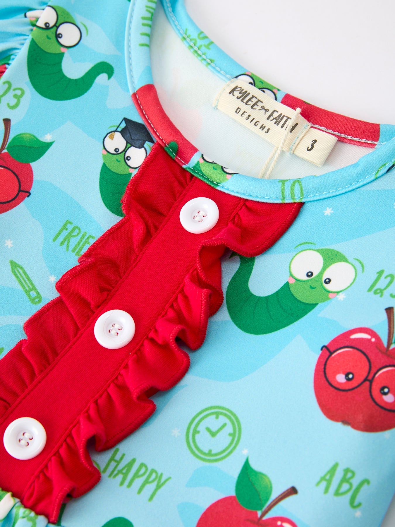 Girls Back To School Apple Worm Twirl Dress Ruffle Color Block