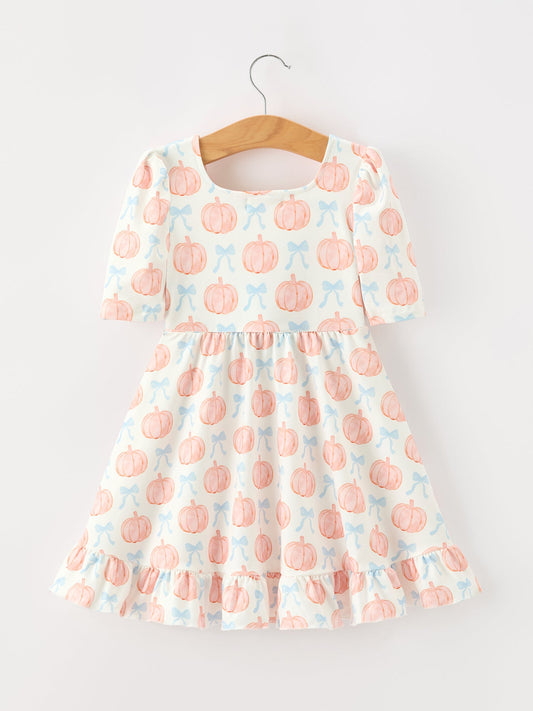 Halloween Thanksgiving Pumpkin Bow Girls Twirl Ruffle Dress
