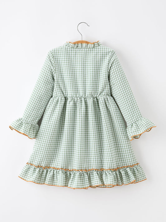 Fall Plaid Girls Dress Pumpkin Applique Ruffle Button Dress