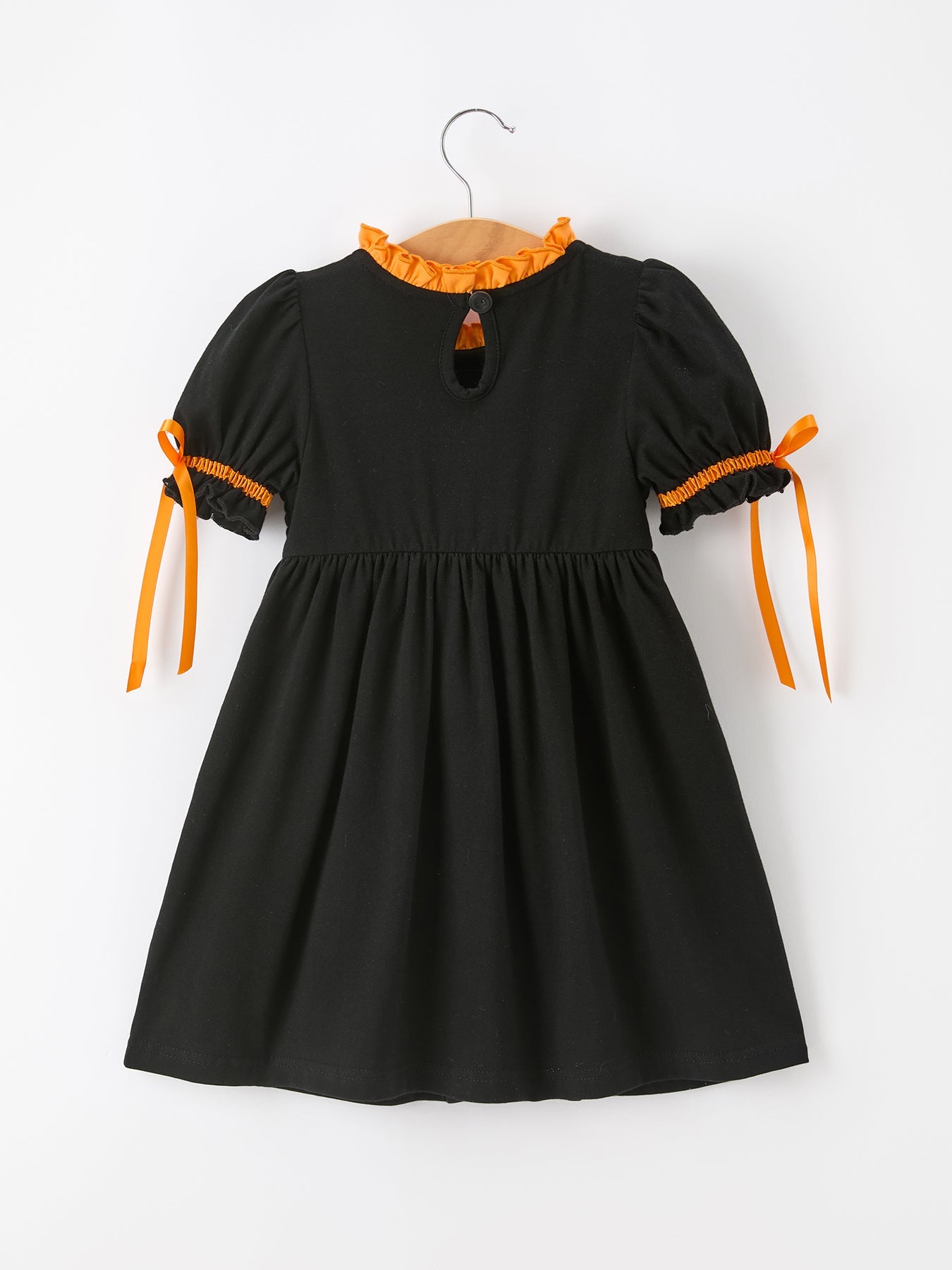 Girls Halloween Dog Pumpkin Embroidered Dress Puff Sleeve