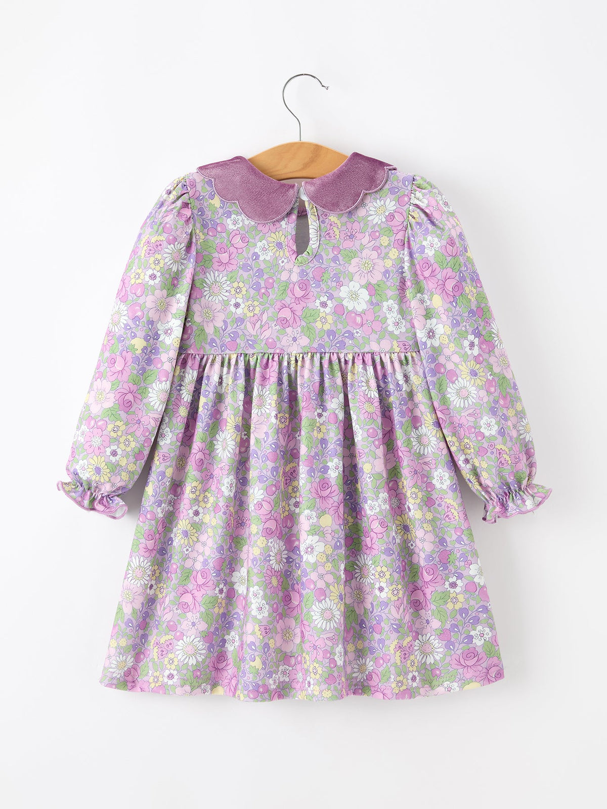 Purple Floral Girls Dress Velvet Collar Bow Long Sleeve Dress