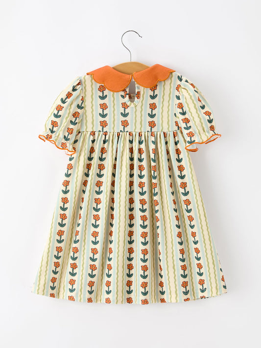Fall Floral Stripe Girls Dress Petals Collar Smocked Puff Sleeve